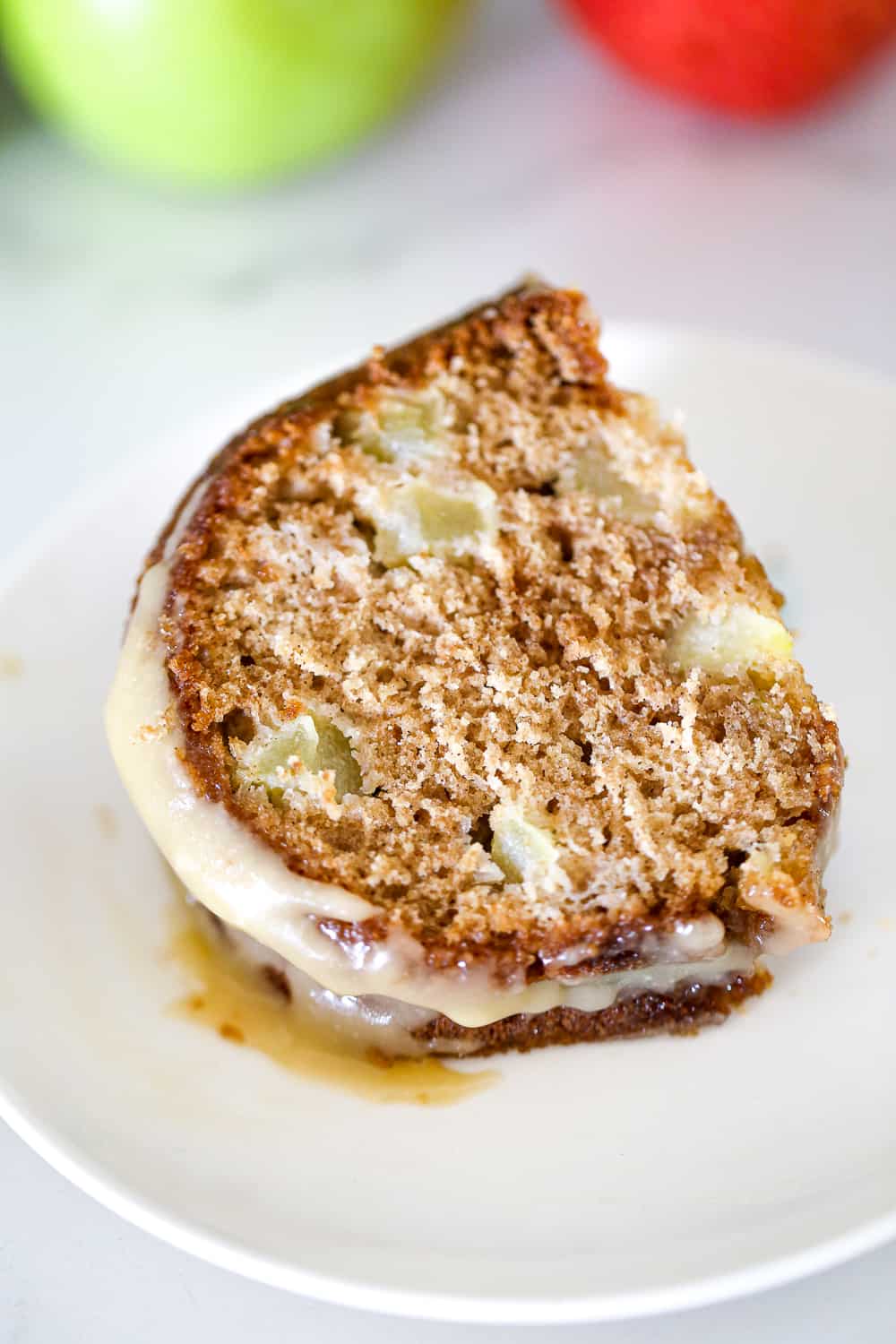 slice of Apple Bundt Cake with caramel glaze