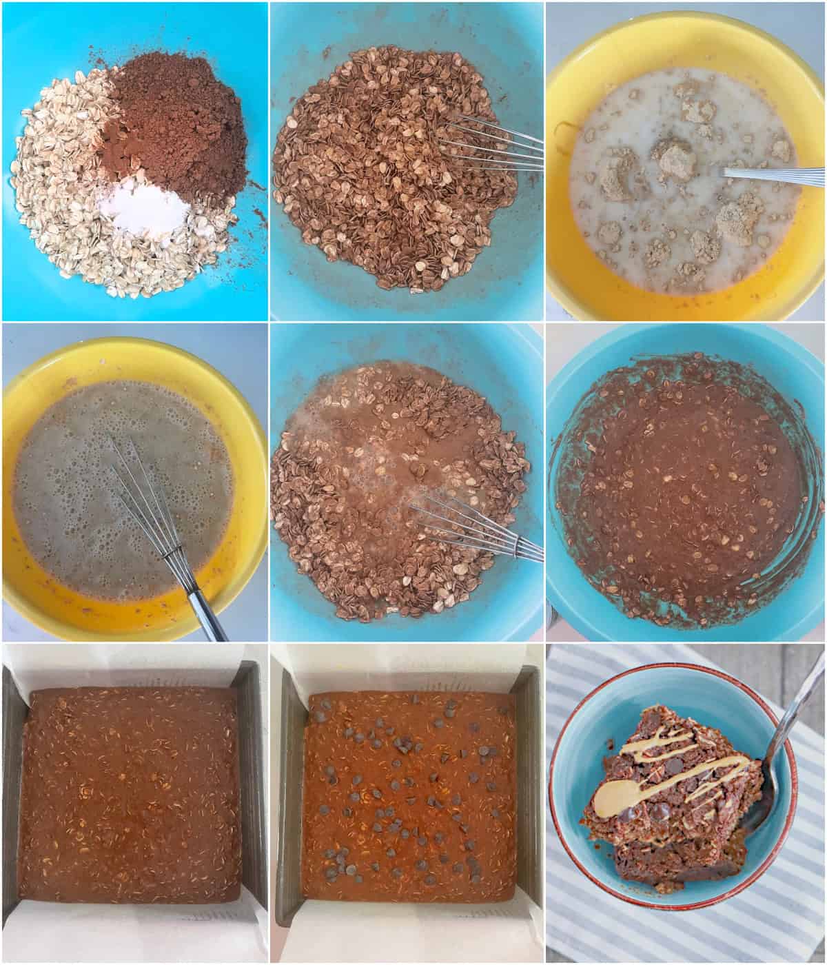 Slice of healthy brownie oatmeal with peanut butter drizzle