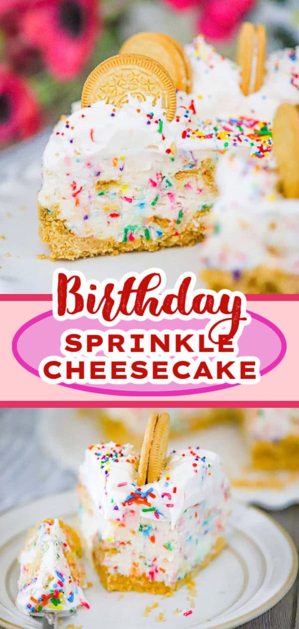Creamy no bake birthday cheesecake with sprinkles and Oreo cookies, perfect for easy celebration dessert recipes.