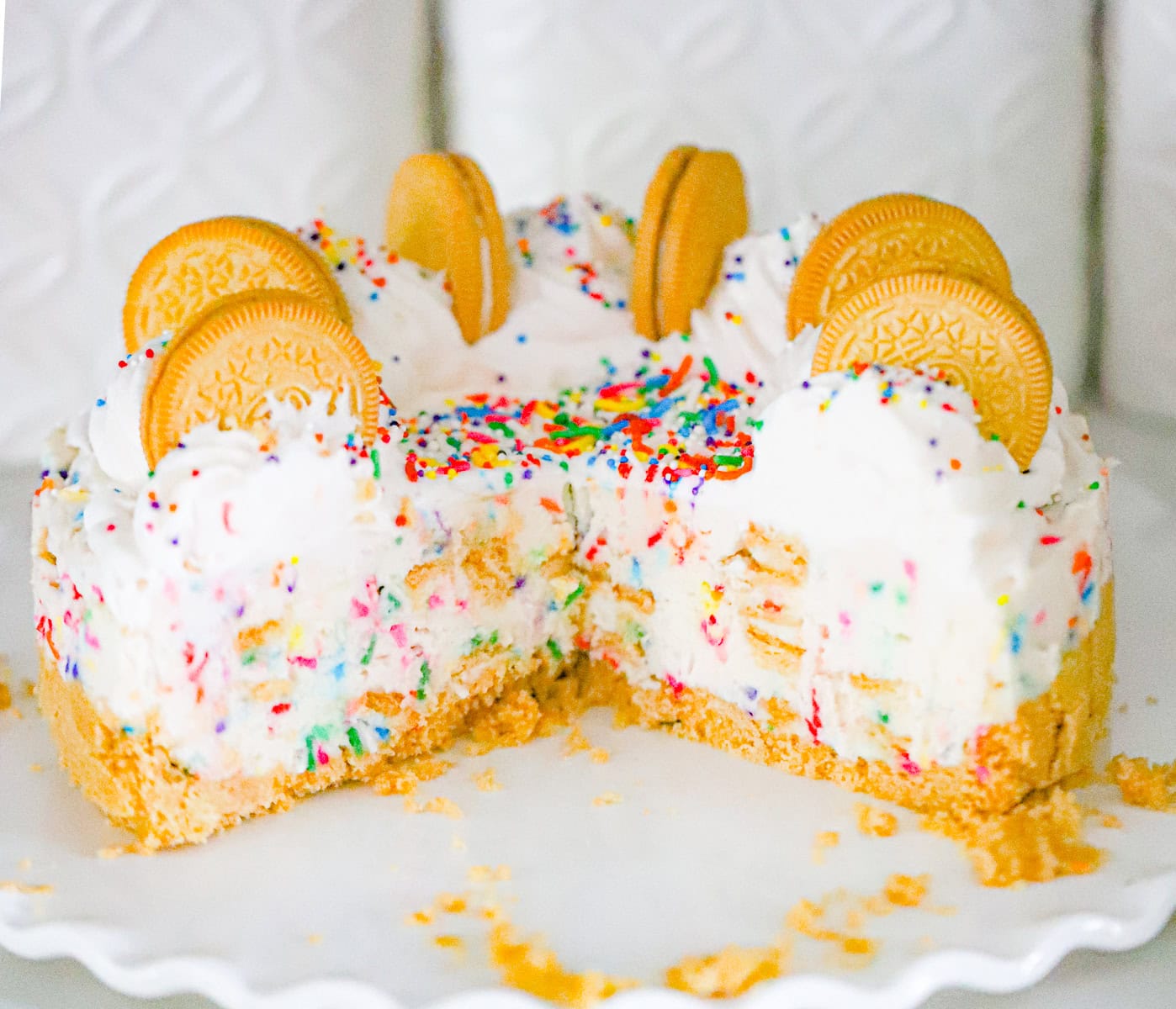 no bake sprinkle cheesecake with oreos vegan birthday cheesecake