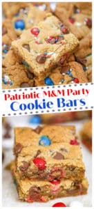 Patriotic M&M Party Cookie Bars - red white and blue desserts