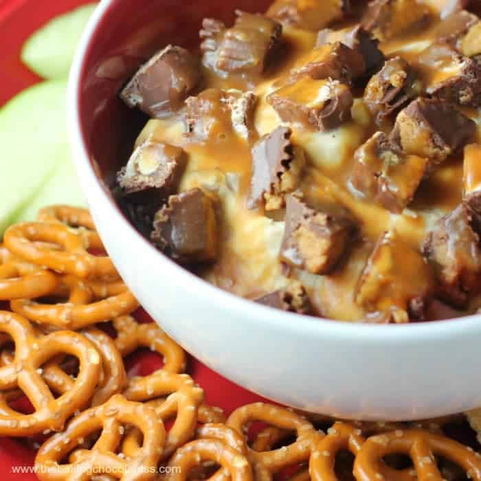 Decadent Caramel Covered Candy Bar Dip