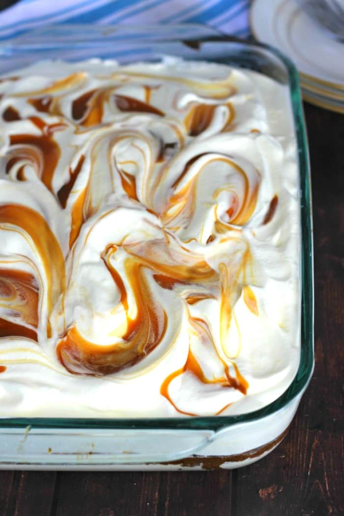 Easy Caramel Cream Chocolate Poke Cake