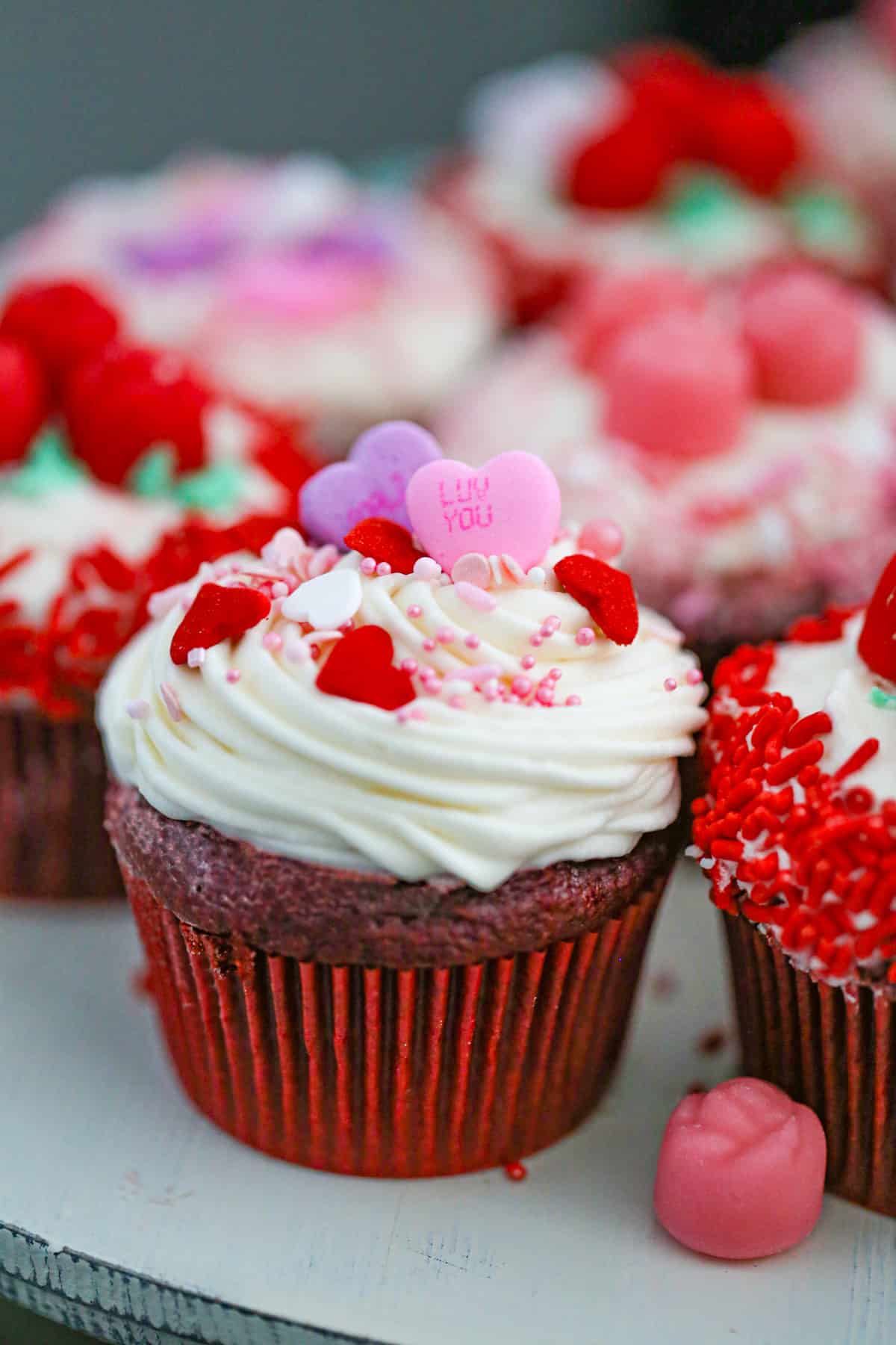 Brach's candy cupcakes for valentines day - red velvet with cream cheese frosting recipe