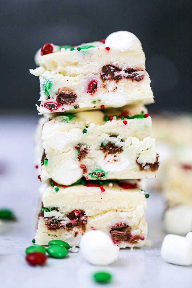 christmas holiday white chocolate marshmallow fudge recipe red, green mini m&ms