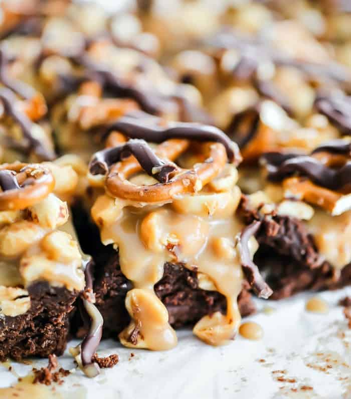 Salted Caramel Pretzel & Peanut Dark Chocolate Brownies