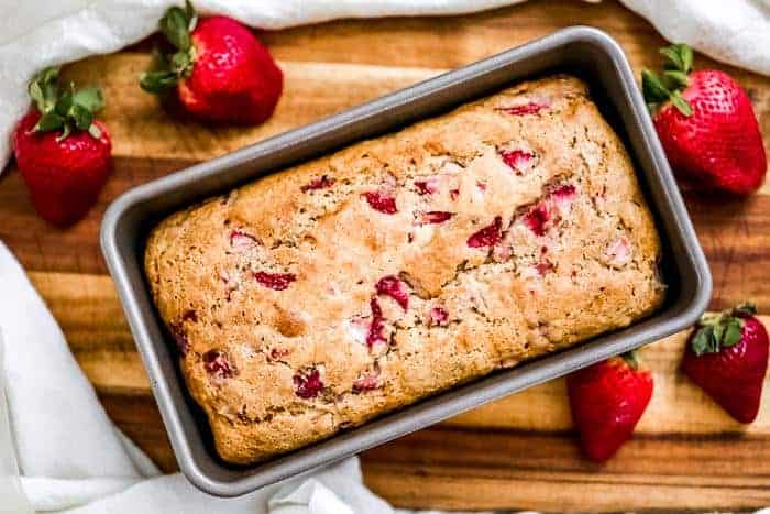 Farmhouse Strawberry Quick Bread in the pan
