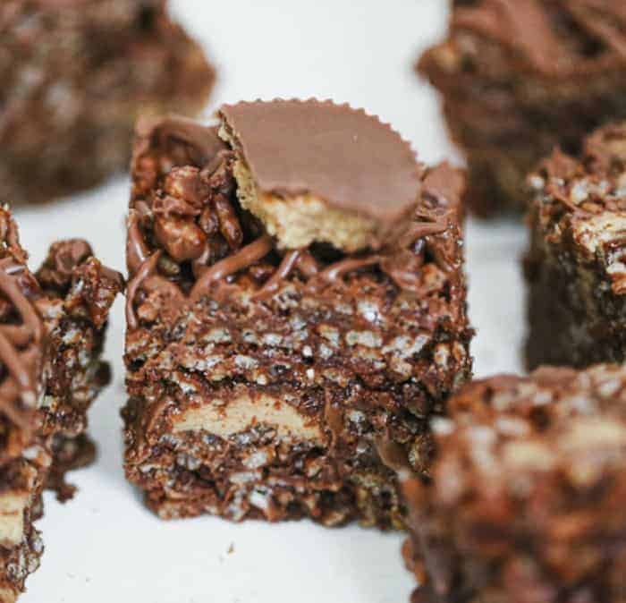 Ultimate Chocolate Peanut Butter Cup Stuffed Krispie Treats