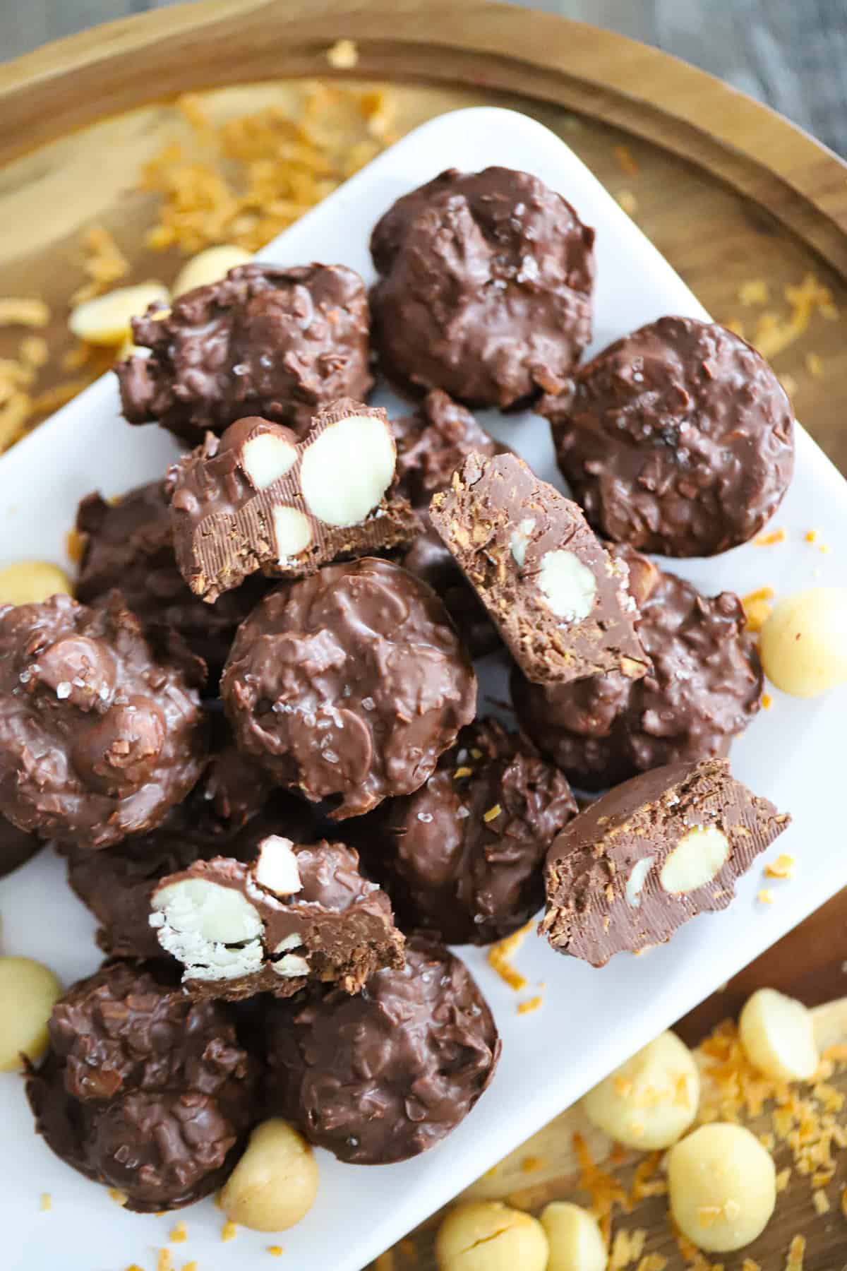 making toasted coconut macadamia nut clusters Mrs. Cavanaugh&rsquo;s copycat chocolate candy cluster recipe