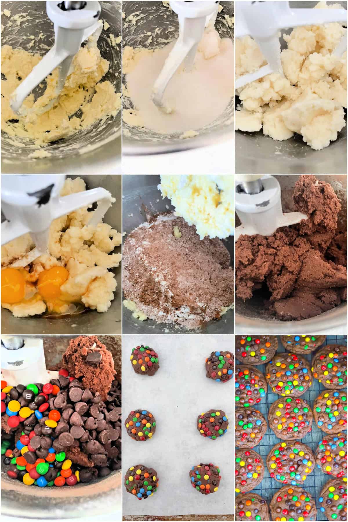 cooling rack of m&m chocolate chip cookies