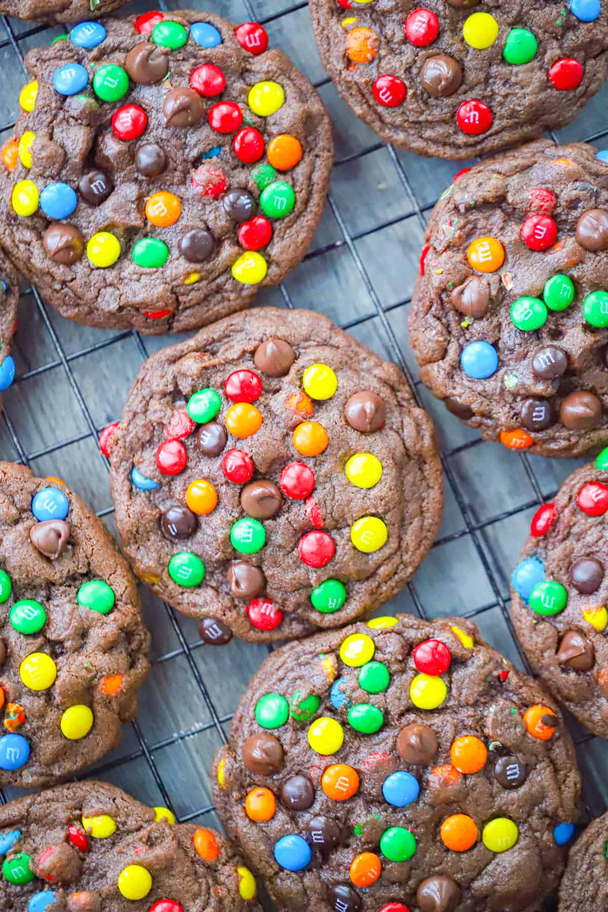 tray of triple chocolate m&m cookies