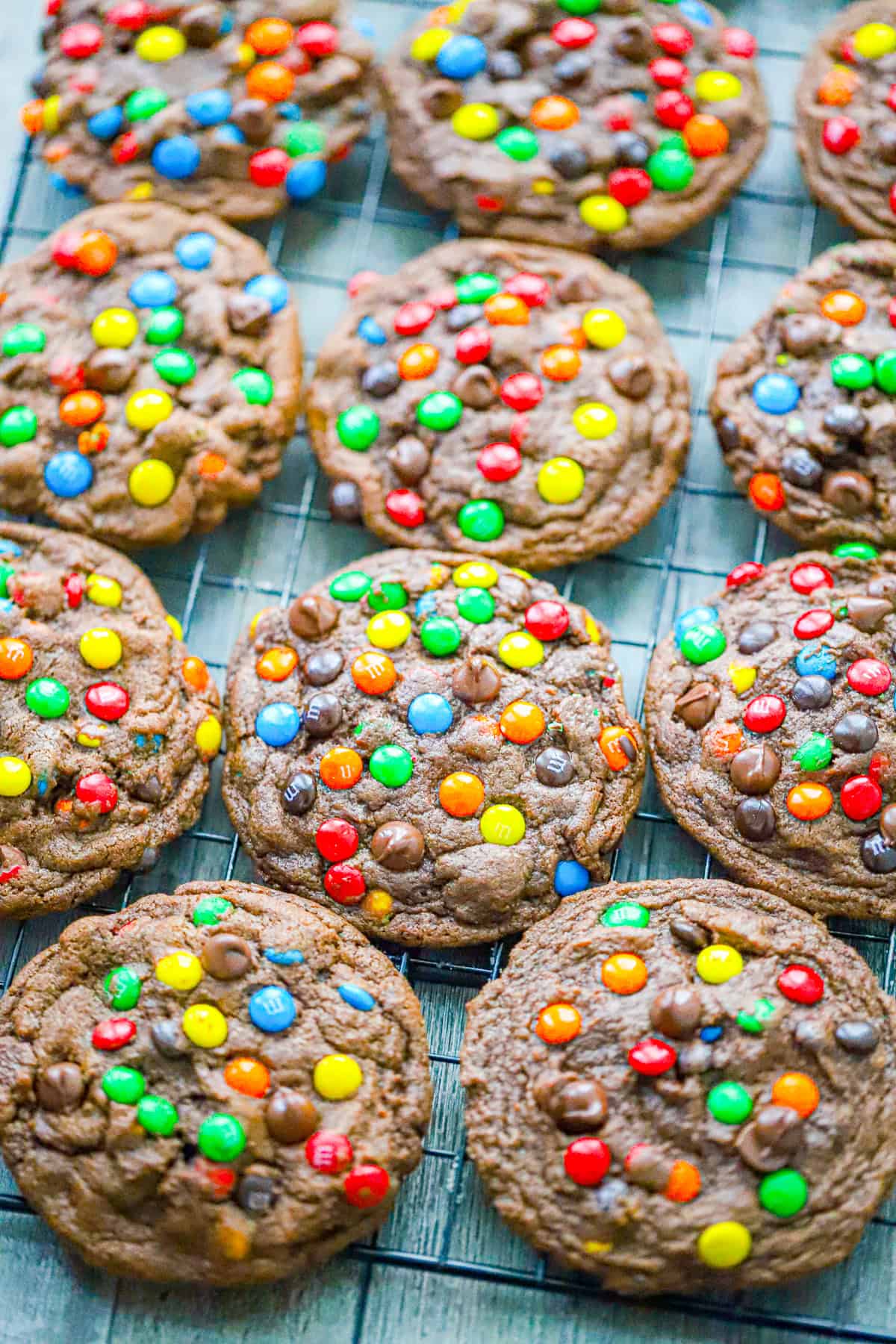 close up chocolate m&m cookies