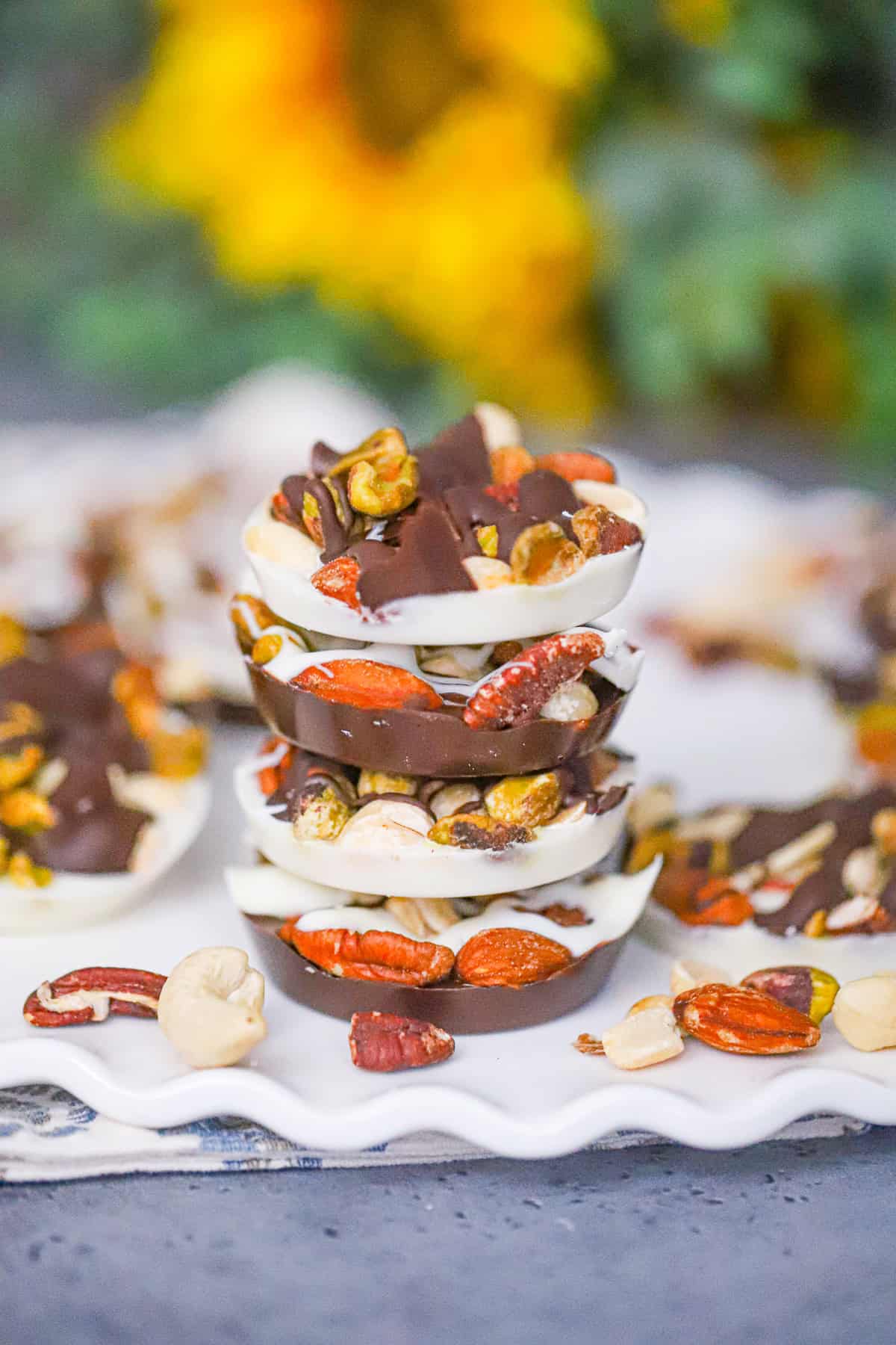 Dark chocolate with salted nuts layered in baking cups