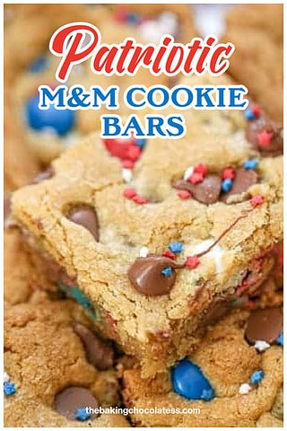 Patriotic M&M Party Cookie Bars - red white and blue desserts