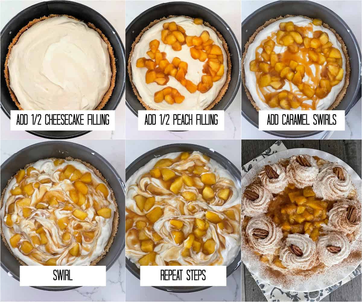 Swirling caramel into easy no bake peach cheesecake