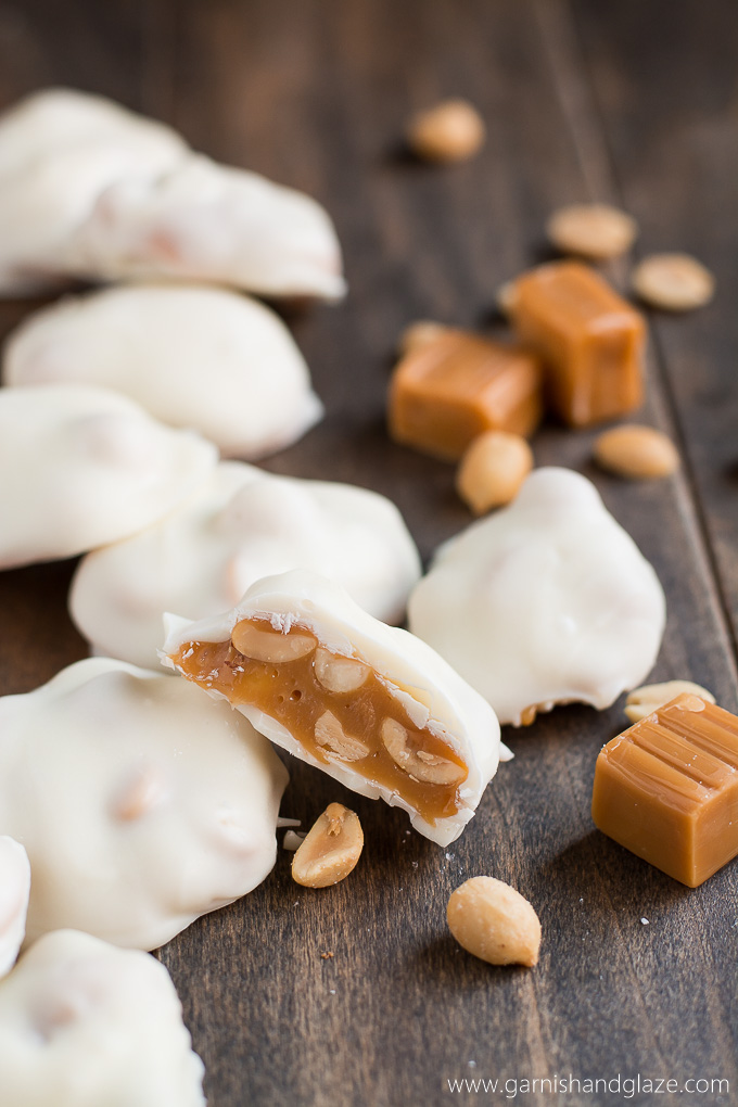 Polar Bear Paws {See's Candies Copycat} are filled with salty roasted peanuts and soft buttery caramel, all coated in sweet white chocolate. Perfect for the holidays!
