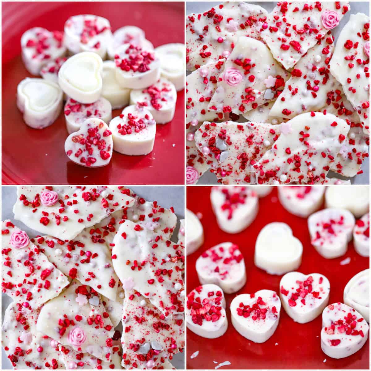 White chocolate raspberry bark broken into pieces showing pink raspberry bits