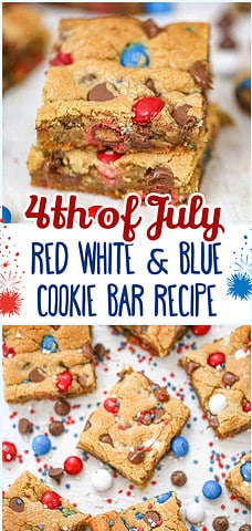 Patriotic M&M Party Cookie Bars - red white and blue desserts
