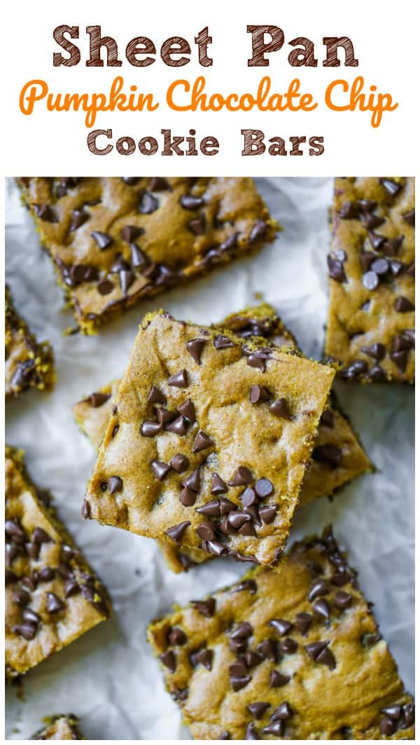 Sheet Pan Pumpkin Chocolate Chip Cookie Bars easy recipes desserts for fall baking