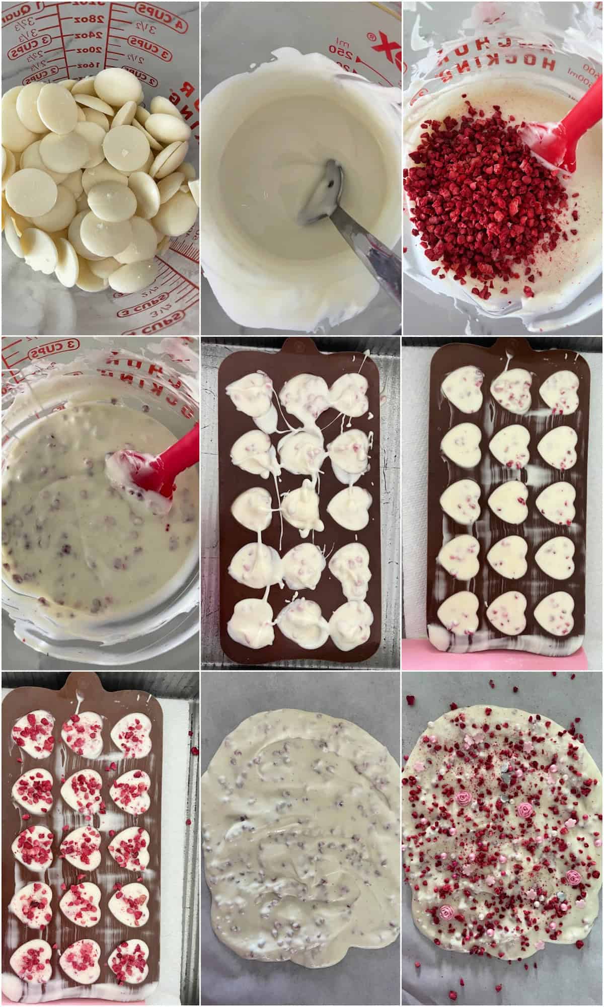Easy white chocolate bark with freeze-dried raspberries on parchment paper
